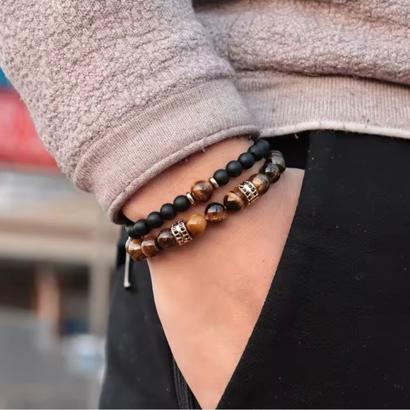 2Pcs Men Bracelet Set Natural Tiger eye Beads Stone Bracelet - Picture 2 of 5